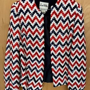 Vintage 1960s Les Wilk Red White and Blue Sequenced Blazer Size 8, Made in Texas